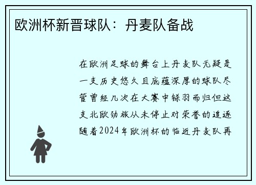 欧洲杯新晋球队：丹麦队备战